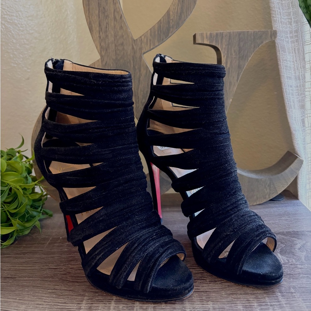 🇺🇸💲👠 Christian Louboutin Caged Heels Booties Black Suede Tinazata Red 38.5 EU7.5 - Picture 2 of 10